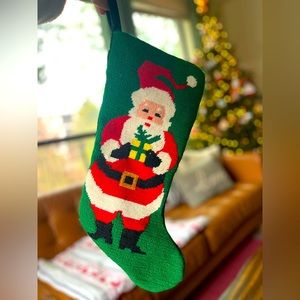 Vintage Needlepoint Christmas Stocking Wool Santa Present